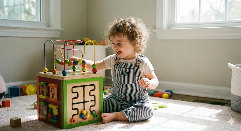 Enfant joyeux découvrant ses jouets Bibli'O