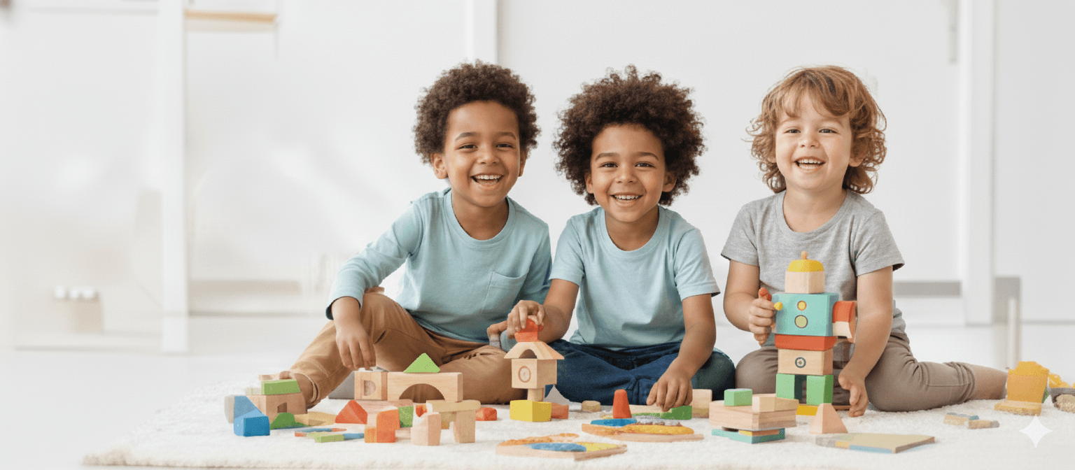 Enfants jouant avec un jeu de construction en bois